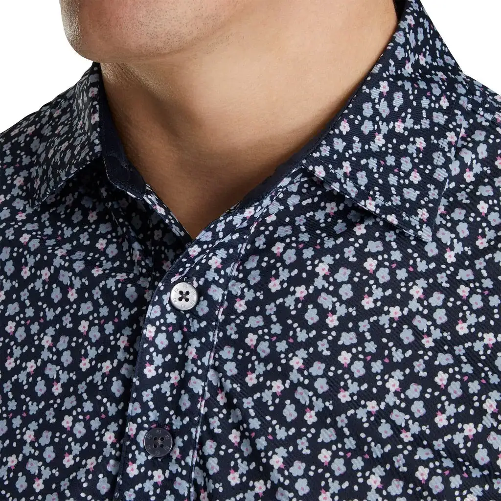 FootJoy Lisle Flower Print Self Collar Navy Mens Polo - Image 3