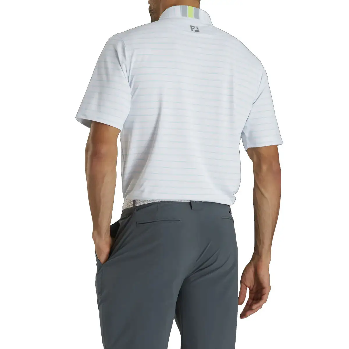 FootJoy Pique Mixed Stripe Self Collar White-Ice Blue Mens Golf Polo - Image 2